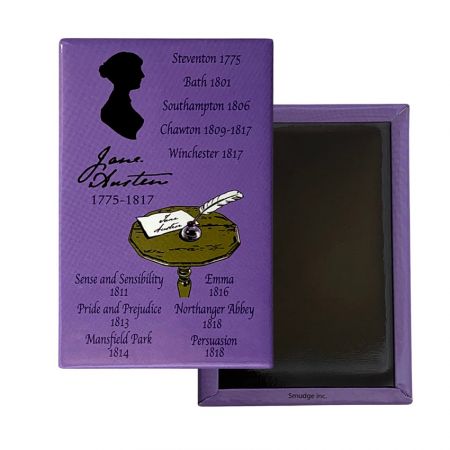 Blech-Souvenir-Magnete - Vorder- und Rückseite des Jane Austen Souvenir-Blechmagneten