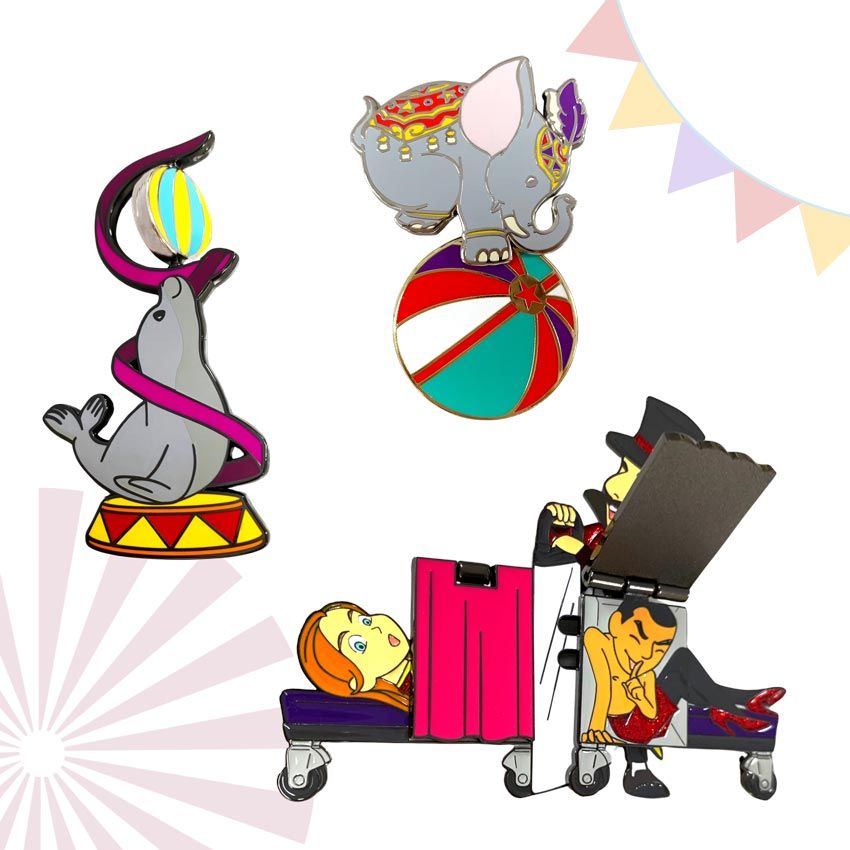 Circus themed moving enamel pins - spinning pin, bobble head pin, hinged door and slider pin