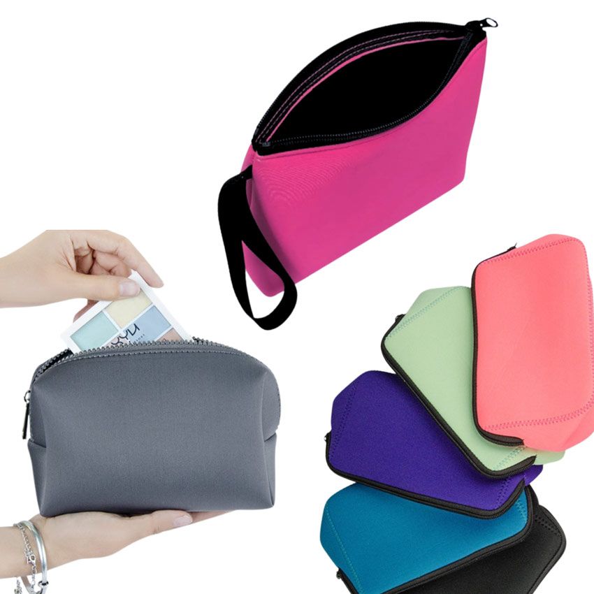 Neoprene zipper bags in multiple colors with zipper closure and wrist strap, showcasing soft material and compact storage design.