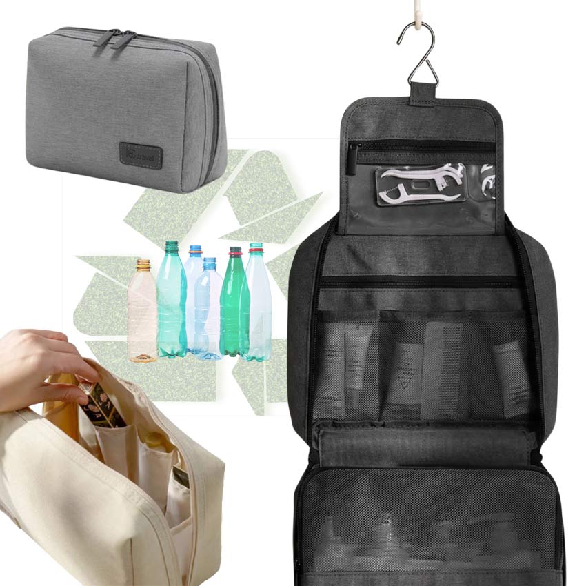 Túi mỹ phẩm tái chế làm từ vật liệu thân thiện với môi trường với nhiều ngăn, móc treo và lưu trữ có tổ chức cho đồ vệ sinh cá nhân và đồ dùng du lịch.