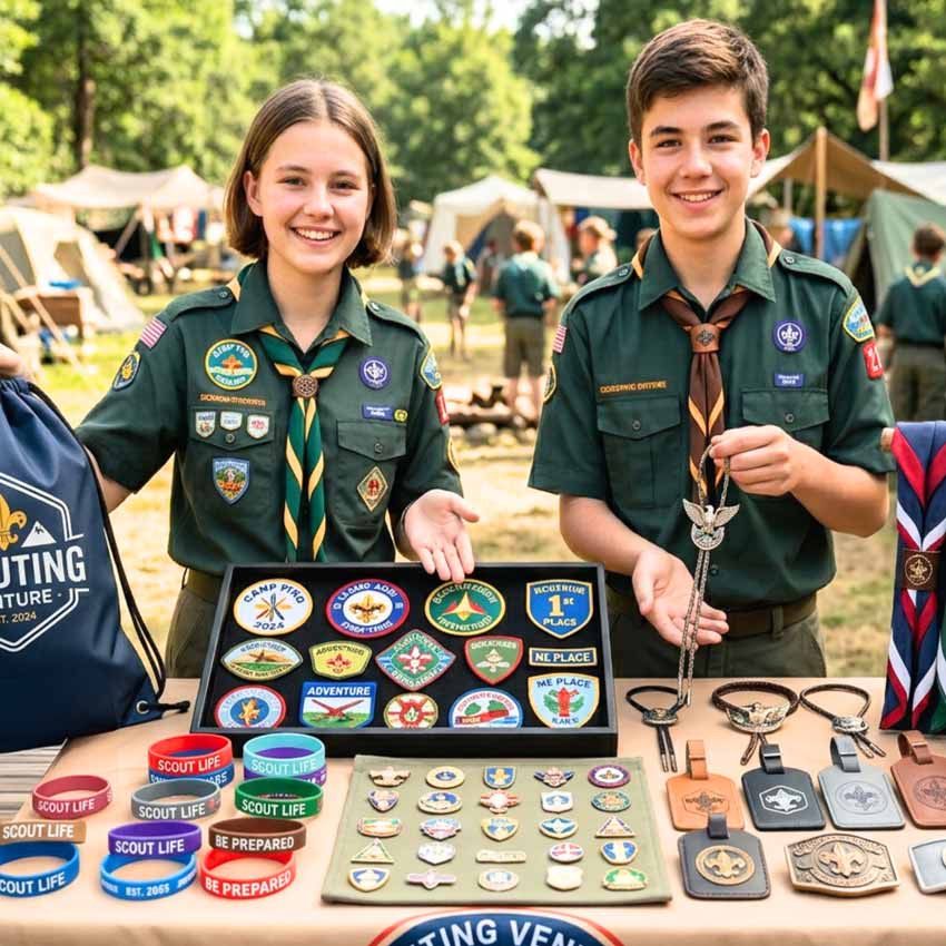 Exhibición de productos personalizados para scouts con parches bordados, pines de scout, pulseras, corbatas bolo, etiquetas de equipaje y accesorios con scouts en uniforme en un entorno de campamento.