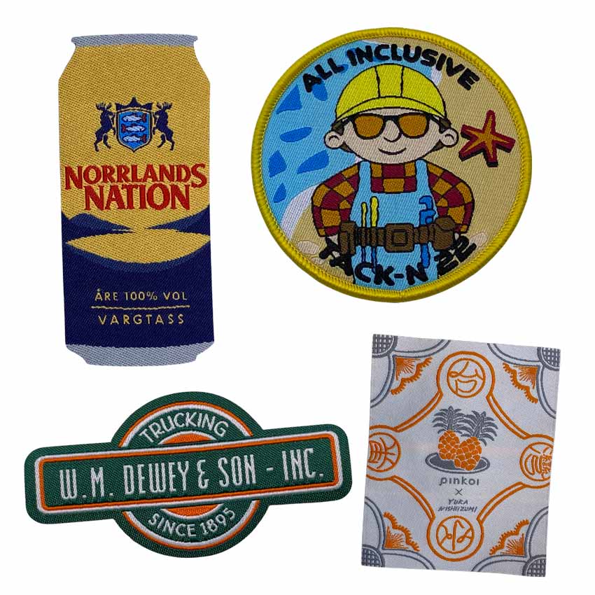 Mukautetut kudotut tarrat eri teemoilla ja tekniikoilla