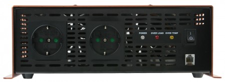 La parte trasera del inversor de energía está equipada con un indicador LED para mostrar la información de encendido/apagado, sobrecarga y sobrecalentamiento. La vista del panel trasero del inversor muestra el ventilador de enfriamiento del inversor, el tomacorriente de salida de CA y el fusible.