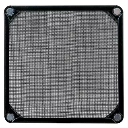 La vista frontal del filtro metálico de 140 mm para ventilador con imán incrustado.