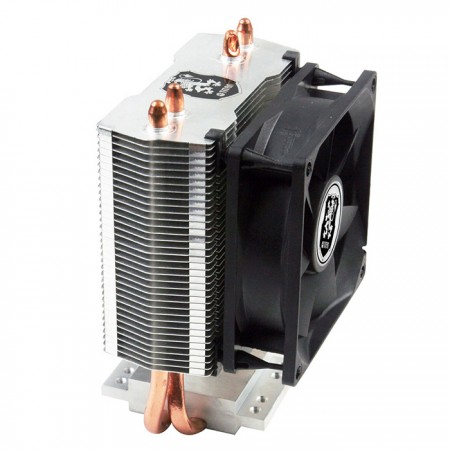 Enfriador de CPU universal con 2 tubos de calor de contacto directo y ventilador de refrigeración de 80 mm. Está disponible para sistemas de montaje para equipar ventiladores de refrigeración dobles.