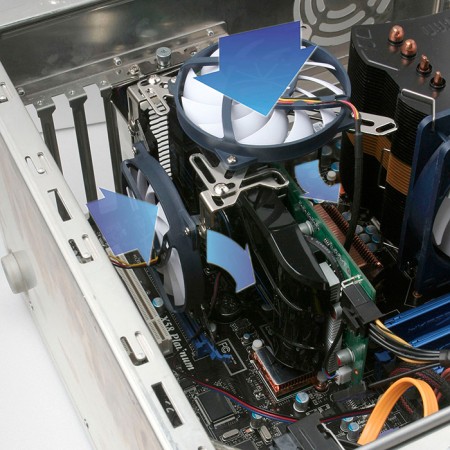 Vrijelijk toewijsbare ventilator. Afhankelijk van de behoeften van de gebruiker kan de koelertoewijzing worden aangepast en de luchtstroom worden verbeterd.