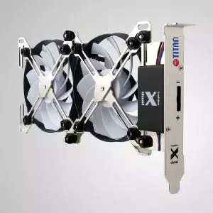 PCIスロット/システムクーラーDIY取り付け用の12V DC調整可能なデュアルXホルダーと2つのファン - ユニークなX字型のデュアル冷却ファンホルダーデザインを備えたこのVGAクーラーは、「フリースタイル」を特徴としています。4種類のファン(60、70、80、90mm)を自由に装備することができます。