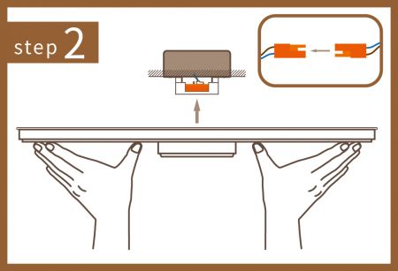 ステップ2. ライト器具を取り付けベースにはめ込み、オレンジのオス/メスプラグを接続します。
