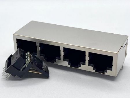 Giga Base 4 Port PCB Jack Shielded with Integrated Magnetics - Giga Base 4 Port PCB Jack Shielded with Integrated Magnetics