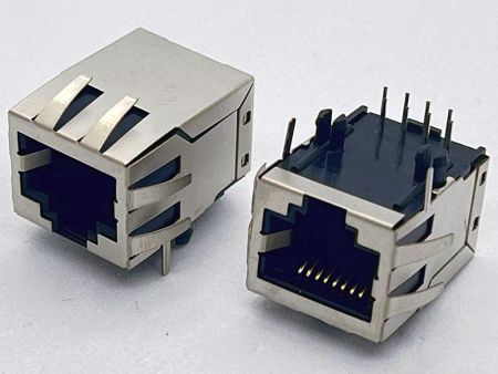 Modularbuchse mit 10 / 100 / 1000 Base-Rastung, EMI-Registerlaschen und Abschirmung mit Transformator - Modularbuchse mit 10 / 100 / 1000 Base-Rastung, EMI-Registerlaschen und Abschirmung mit Transformator