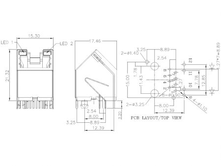 Modularbuchse 8P8C 45-Grad-Winkel / Buchse metallgeschirmt mit LED