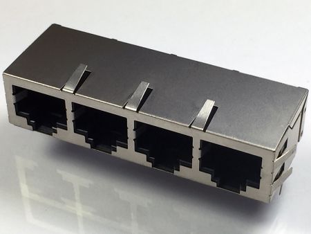 Conector de entrada lateral de 4 puertos para PCB - Conector RJ45 de 4 puertos TH con blindaje y pestaña lateral y superior
