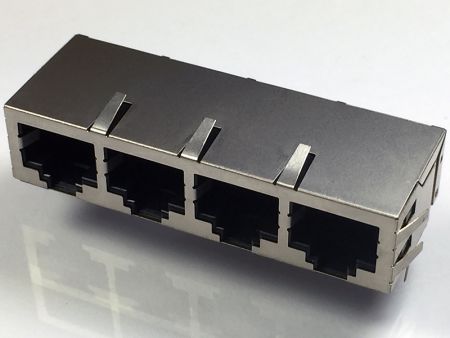 Side Entry 4ポートPCBジャックコネクタ - 4ポートTH RJ45コネクタは、サイドとトップタブにシールドされています。