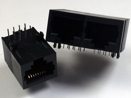 Side Entry 2-Port PCB Jack Connector - RJ45 Dual Port Latch Down Connector
