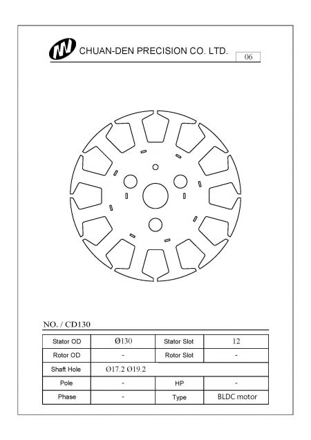 Este estator se aplica principalmente a motores regulares de ventiladores de techo de corriente continua sin escobillas. El diámetro exterior del estator es de 130 mm. Los ranuras del estator son 12 y los polos son 4. Las RPM son aproximadamente de 172 a 200 rpm, principalmente para los mercados europeos y estadounidenses. Aprobado por la autenticación IE2, IE3 e IE4.