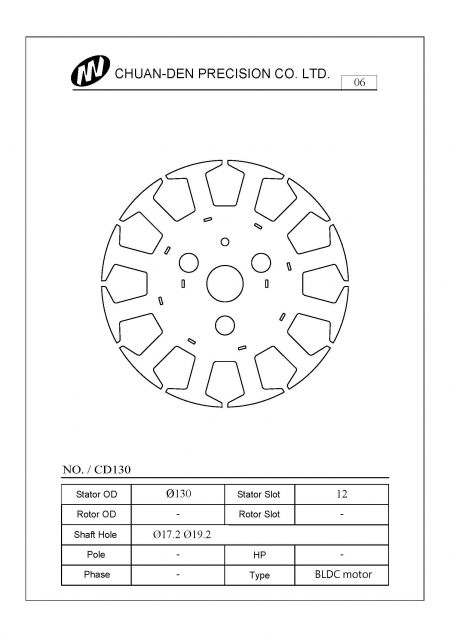 This stator is mostly applied for regular Brushless DC ceiling fan motors. The outer diameter of stator is 130mm. The slots of stator are 12 slots and 4 poles. The RPM is around 172 ~200 rpm mainly for European and USA markets.  Approved by IE2, IE3, and IE4 authentication.