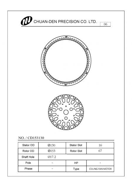 This stator rotor set is mostly applied for regular AC ceiling fan motors. The fan size is 72 inches maximum.The outer diameter of stator is 130mm, and the outer diameter of rotor is 153mm. The slots of stator are 16 slots and 4 poles. The RPM is around 172 ~ 200 rpm mainly for European and USA markets. Approved by IE2, IE3, and IE4 authentication.