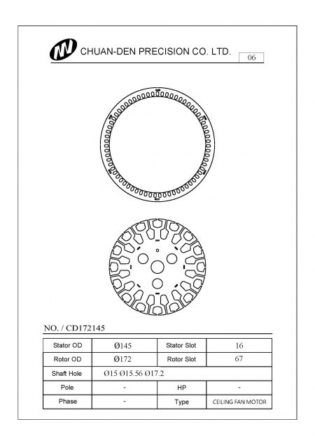 This stator rotor set is mostly applied for regular AC ceiling fan motors. The fan size is 72 inches maximum. The outer diameter of stator is 145mm, and the outer diameter of rotor is 172mm. The slots of stator are 16 slots and 4 poles. The RPM is around 172 ~200 rpm mainly for European and USA markets. Approved by IE2, IE3, and IE4 authentication.