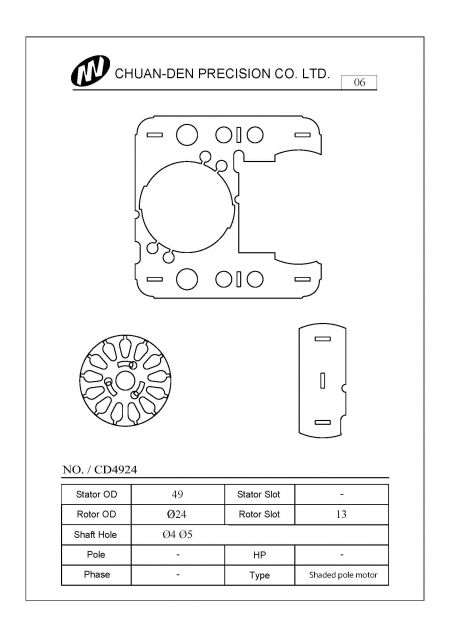 สเตเตอร์โรเตอร์นี้ถูกออกแบบสำหรับมอเตอร์รูปร่าง มีส่วนประกอบทั้งหมด 3 ส่วน ขนาดเส้นผ่าศูนย์กลางภายนอกของสเตเตอร์คือ 49 มม. และเส้นผ่าศูนย์กลางภายนอกของโรเตอร์คือ 24 มม. ช่องของโรเตอร์มีจำนวน 13 ช่อง แผ่นเหล็กฉากมีความหนา 0.5 มม. และมีการล็อคระหว่างแผ่นเหล็กฉาก นี่เป็นประเภทที่พบบ่อยที่สุดของโรเตอร์และใช้กันอย่างแพร่หลายในเครื่องมือสำนักงาน เครื่องดูดฝุ่น ไมโครเวฟ เครื่องมือทันตกรรม มอเตอร์สระว่ายน้ำ และอื่น ๆ