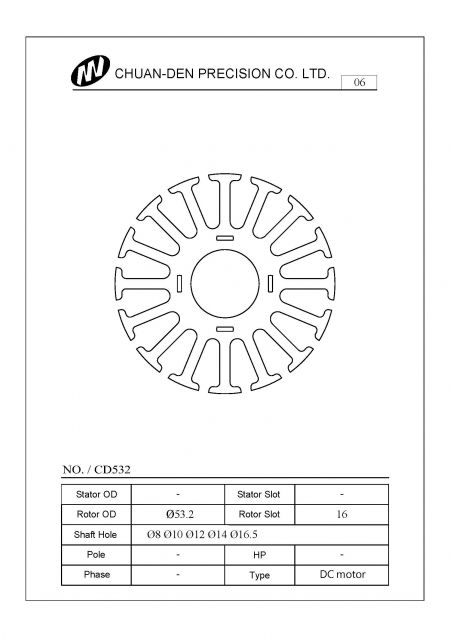 Questo rotore DC è progettato per motori DC. Il diametro esterno è di 53,2 mm. La laminazione ha uno spessore di 0,5 mm ed è dotata di interblocco. Questo tipo è il più comune e ampiamente utilizzato nei motori PMDC o BLDC.