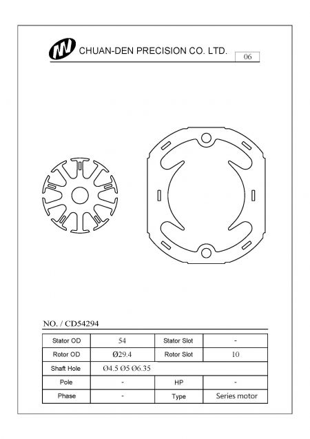 Ce stator rotor / noyau de moteur est principalement utilisé pour les moteurs de série réguliers ou les moteurs PMDC, tels que les fraiseuses, les machines de découpe, les mélangeurs de jus, les centrifugeuses, etc. Le diamètre extérieur du stator est de 54 mm et le diamètre extérieur du rotor est de 29,4 mm. Les fentes du rotor sont de 10 fentes. Approuvé par l'authentification IE2, IE3.