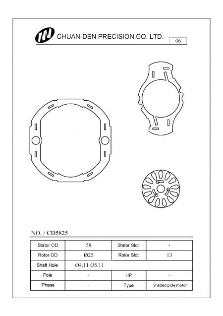 This stator rotor is designed for shaped pole motors. It contains three parts. The outer diameter of stator is 58mm and the outer diameter of rotor is 25mm. The slots of rotor are 13 slots. The lamination is 0.5mm thickness and with interlock. This type is the most common type of rotor and widely used in OA machines, exhausting system, microwave machines, dental equipment, aquarium motors and etc.