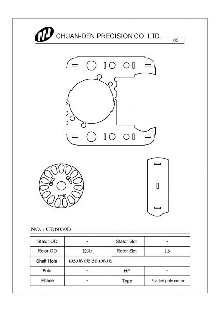 Stator rotor ini direka untuk motor berbentuk kutub. Ia mengandungi tiga bahagian. Diameter luar stator adalah 60mm dan diameter luar rotor adalah 30mm. Slot rotor adalah 18 slot. Laminasi adalah ketebalan 0.5mm dan dengan kunci bersilang. Jenis ini adalah jenis rotor yang paling biasa dan banyak digunakan dalam mesin OA, sistem pengeluaran, mesin gelombang mikro, peralatan pergigian, motor akuarium, dan lain-lain.
