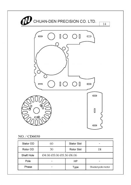 This stator rotor is designed for shaped pole motors. It contains three parts. The outer diameter of stator is 60mm and the outer diameter of rotor is 30mm. The slots of rotor are 18 slots. The lamination is 0.5mm thickness and with interlock. This type is the most common type of rotor and widely used in OA machines, exhausting system, microwave machines, dental equipment, aquarium motors and etc.