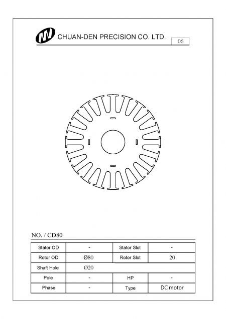 This dc rotor is designed for DC motors. The outer diameter is 80mm and the central hole is 20mm. The lamination is 0.5mm thickness and with interlock. This type is the most common type of rotor and widely used in PMDC or BLDC motors.