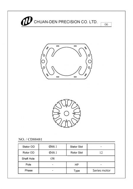 This stator rotor / motor core is mostly applied for regular series motors or PMDC motors, such as milling machines, cutting machines, juice blender, spinners and etc. If the RPM is below 6000, it will be DC type. When RPM is higher than 6000rpm, it will be AC type. The outer diameter of stator is 88mm and the outer diameter of rotor is 48.1mm. The slots of rotor are 12 slots. Approved by IE2, IE3, and IE4 authentication.