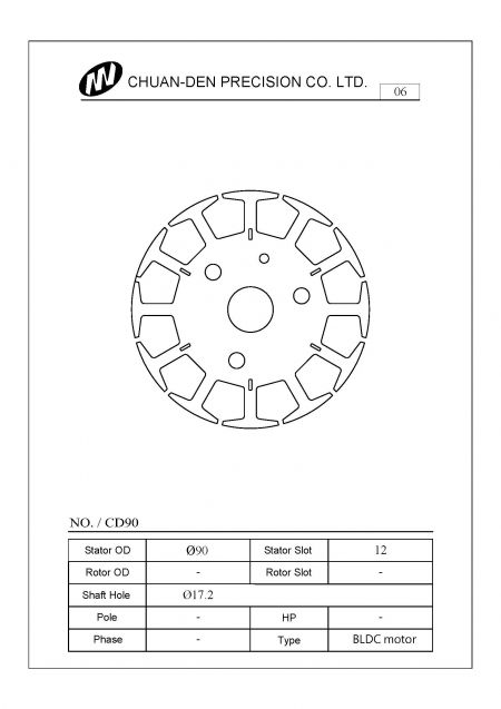 This stator is mostly applied for regular Brushless DC ceiling fan motors. The outer diameter of stator is 90mm. The slots of stator are 12 slots and 4 poles. The RPM is around 172 ~200 rpm mainly for European and USA markets. Approved by IE2, IE3, and IE4 authentication.