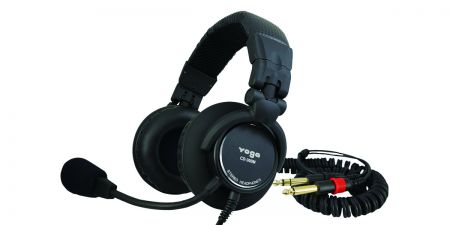 Over-the-ear stereo headset with a dynamic boom microphone and closed-back design.