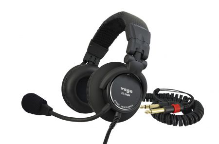 Over-the-ear stereo headset with a dynamic boom microphone and closed-back design.