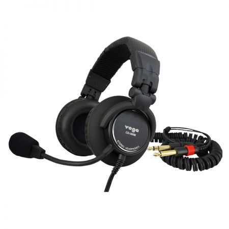 Over-the-ear stereo headset with a dynamic boom microphone and closed-back design.