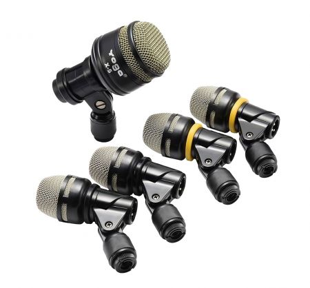A set of five dynamic drum microphones designed for versatile drum recording applications.