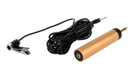 Metal shell lavalier microphone with a golden AAA battery pack.