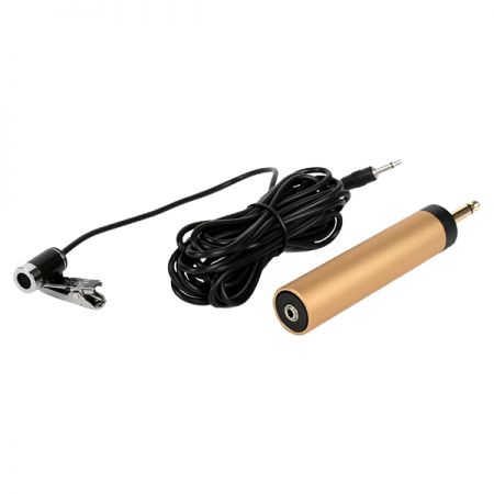 Metal shell lavalier microphone with a golden AAA battery pack