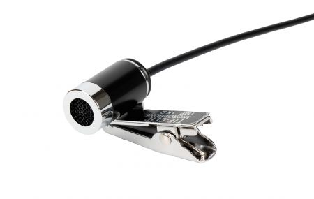 The compact clip-on microphone is ideal for discreet visibility.