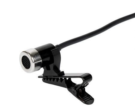 A lavalier microphone with a clip.