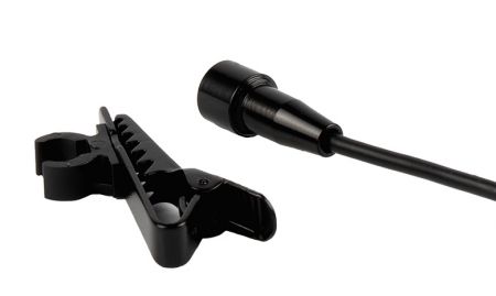 A compact lavalier microphone with a tie-clip and 90-degree 3.5mm mono plug, ideal for speech and recording purposes.