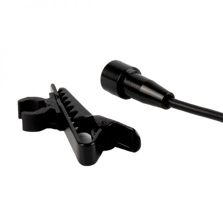 A compact lavalier microphone with a tie-clip and 90-degree 3 5mm mono plug, ideal for speech and recording purposes