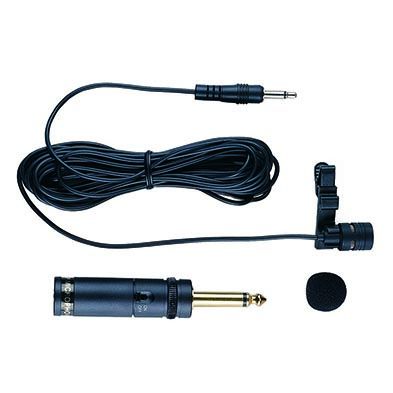 Un micrófono de condensador de electreto trasero con un interruptor ON-OFF integrado en el paquete de batería. - Conjunto completo de micrófono de corbata con clip.