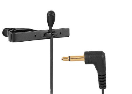 Tie-clip microphone featuring a mini omnidirectional capsule and a 3.5mm mono plug. - Clip-on microphone with 3.5mm 90-degree connector