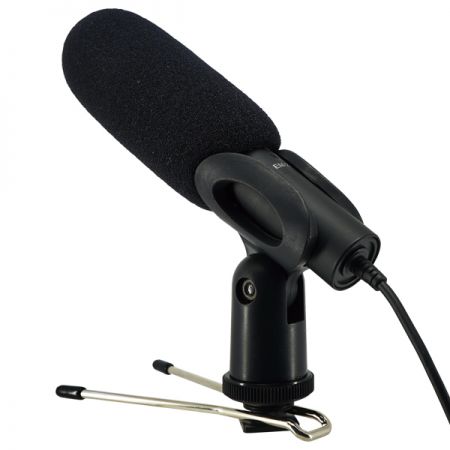 Compact stereo DSLR shotgun microphone with cardioid pickup for broadcast and video recording