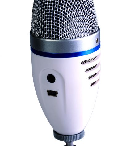 USB microphone with integrated headphone jack for monitoring and USB charging capability.