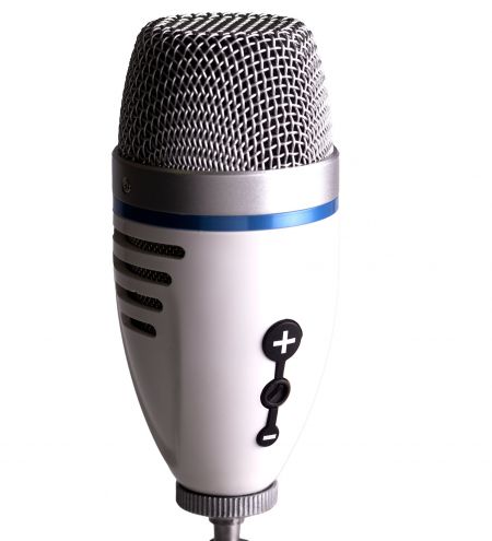 USB microphone with built-in volume control buttons for real-time monitoring.