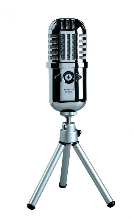 Metal-housed uni-directional USB microphone with real-time monitoring capability.
