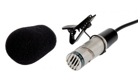 Lavalier microphone with built-in LR44 battery.