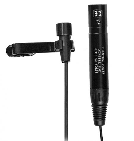 A clip-on microphone equipped with phantom power.