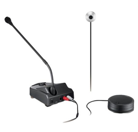 Intercom-Mikrofon GM-22P Gruppenset enthält Innenmikrofon, Mikrofonbasis, zusätzlichen Lautsprecher und Außenmikrofon.